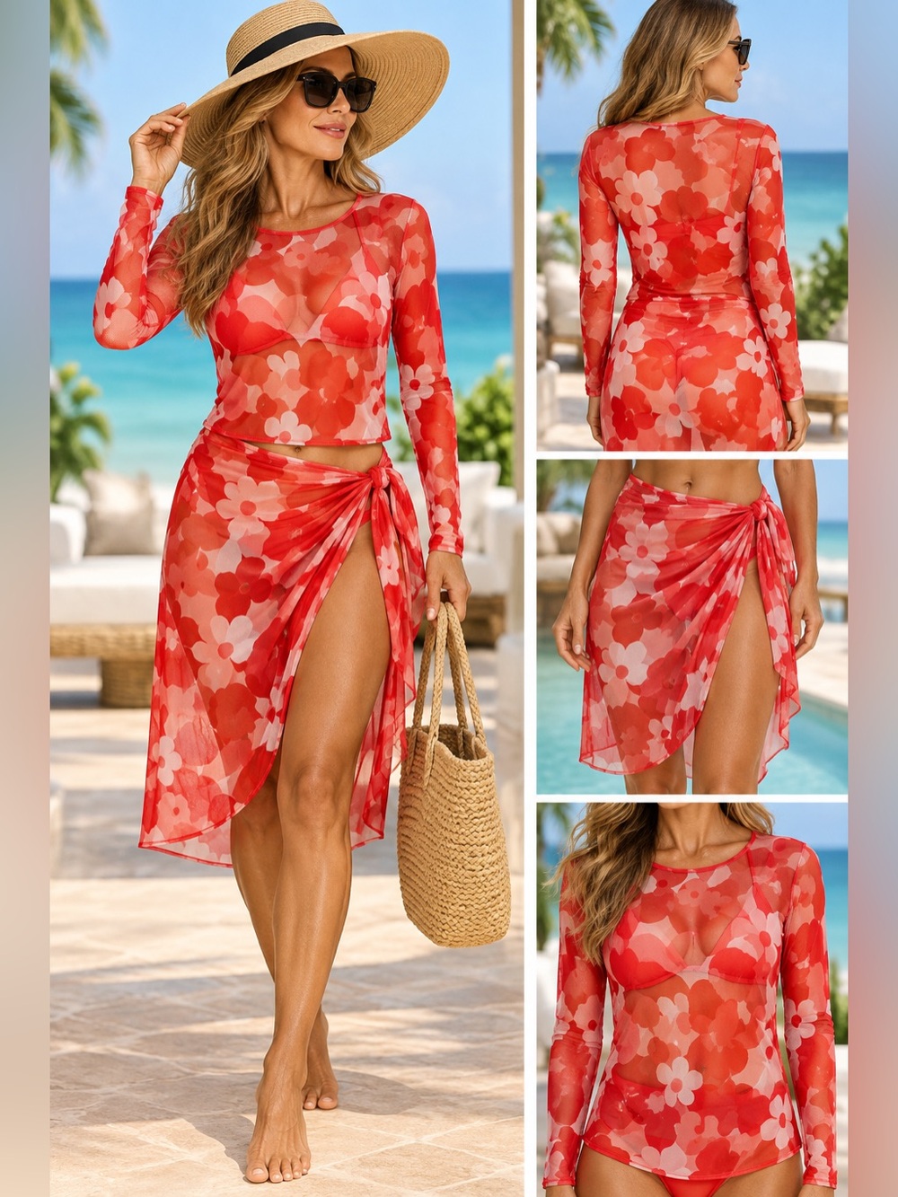 La Blanca by Rod Beattie Sheer Floral Mesh 2-Piece Swim Cover-Up Set | Size S